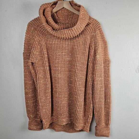 Free People Chunky Cowl Neck Sweater XS Marled Terracotta Brown Oversized - Picture 1 of 8